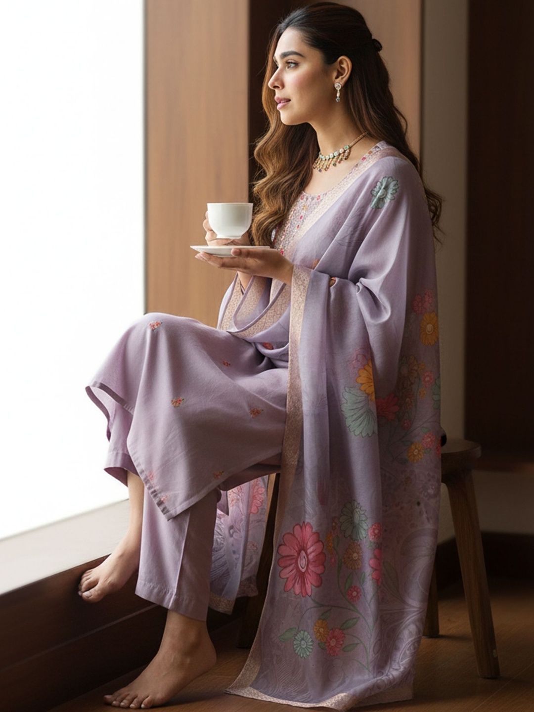 Floral Printed Thread Work Straight Kurta With Trousers & Dupatta