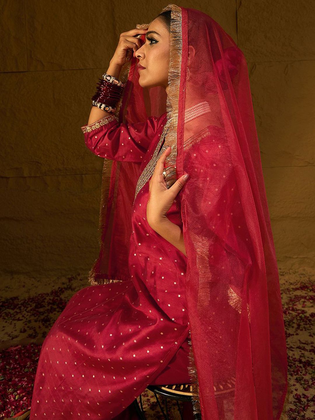 Dhiyona IE Ethnic Motifs Embroidered Chanderi Silk Straight Kurta With Trousers & Dupatta
