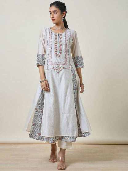 Dhiyona SO Women's Ethnic Motifs Embroidered Chanderi Silk A-Line Kurta with Trousers & With Dupatta