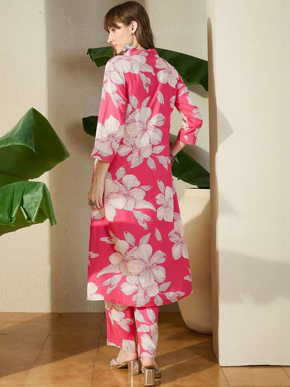 Women Pink Printed A-Line Kurta Trousers Set