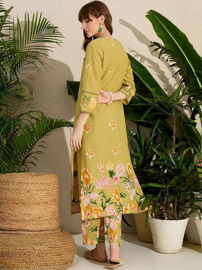 Dhiyona IE Women's Floral Printed Sequinned Pure Cotton Kurta with Trousers