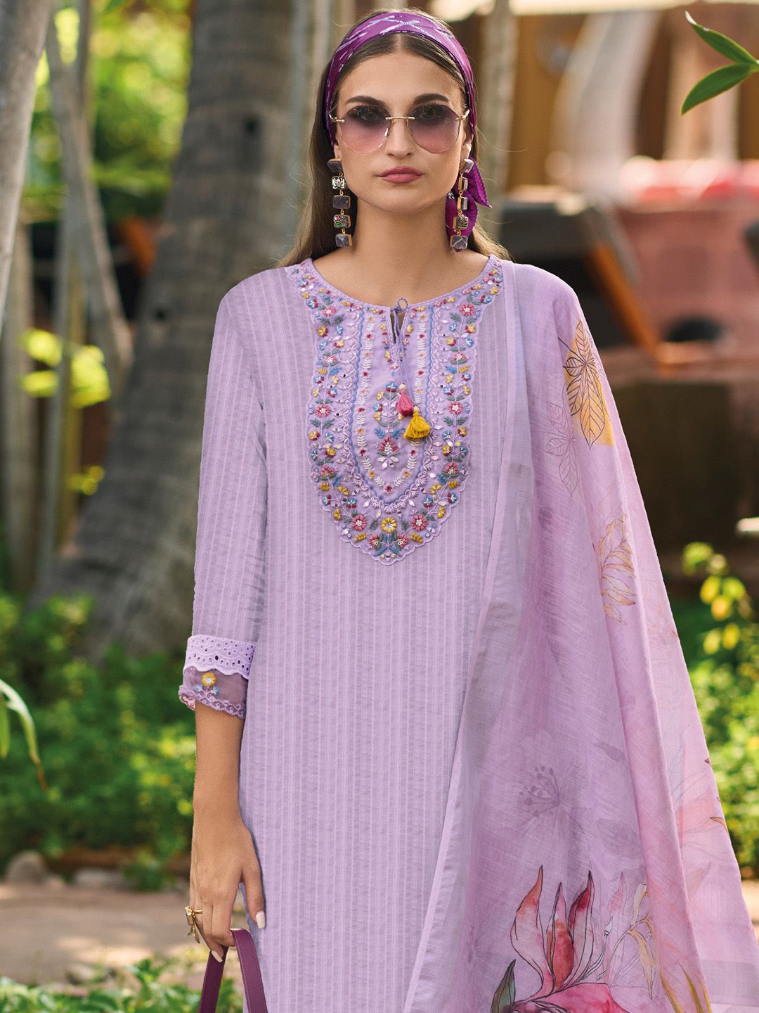 Dhiyona IE Lavender Floral Embroidered Tie Up Neck Pure Cotton Kurta with Trousers & Dupatta