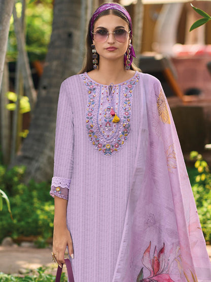 Dhiyona IE Lavender Floral Embroidered Tie Up Neck Pure Cotton Kurta with Trousers & Dupatta
