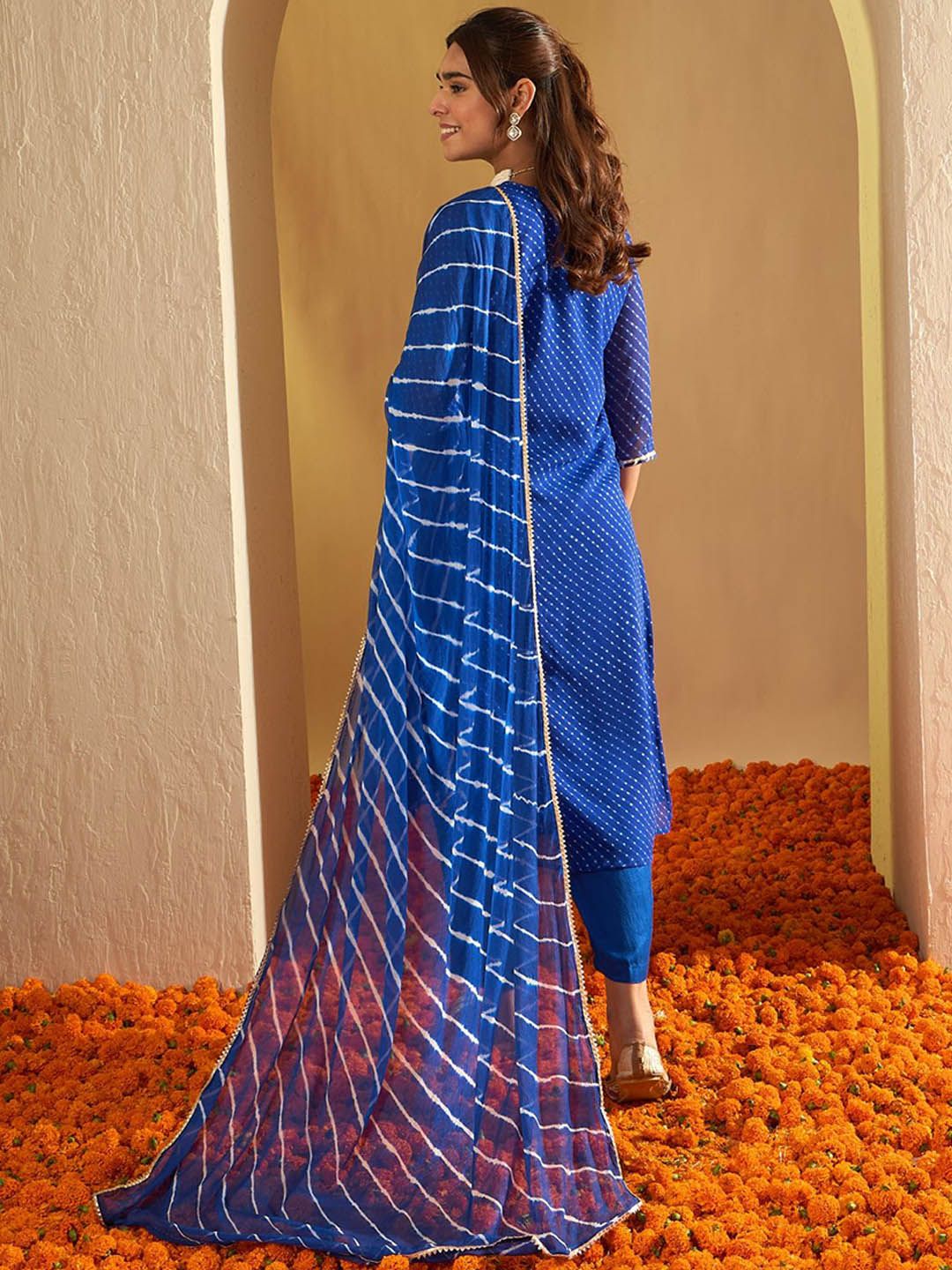 Leheriya Printed Thread Work Round Neck Georgette Kurta With Trousers & Dupatta