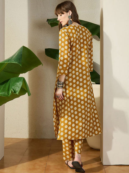 Dhiyona IE Geometric Printed Pure Cotton V-Neck Top With Trousers Co-Ords