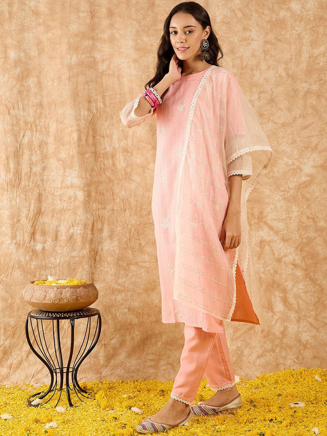 Ethnic Motifs Embroidered Sequinned Straight Kurta With Trousers & Dupatta