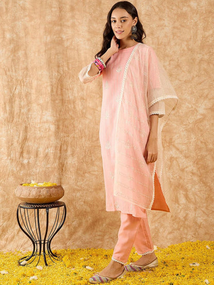 Ethnic Motifs Embroidered Sequinned Straight Kurta With Trousers & Dupatta
