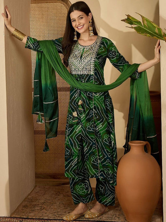 Dhiyona SN Women's Bandhani Printed Round Neck Sequinned A-Line Kurta And Trousers With Dupatta