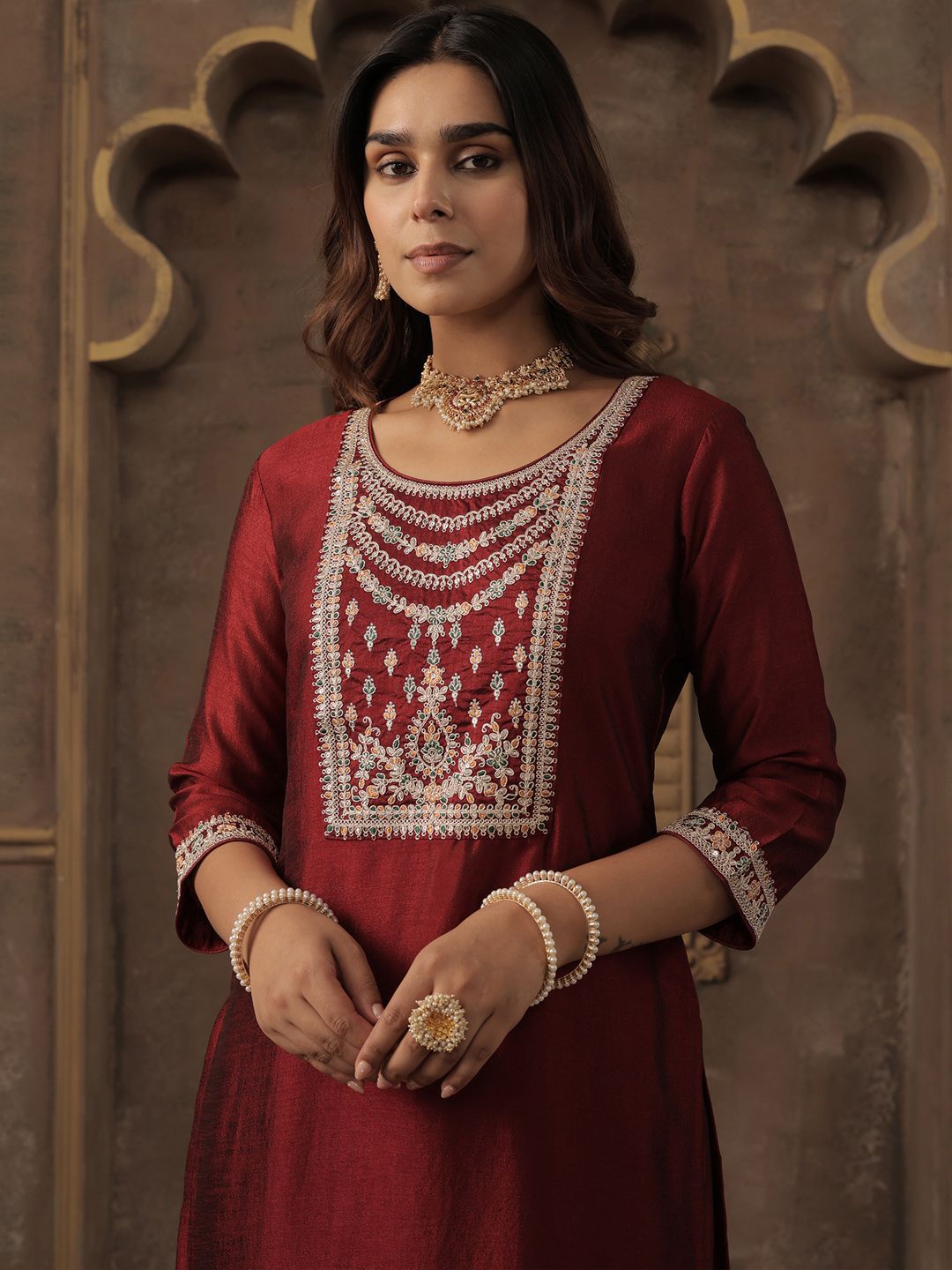 Floral Yoke Design Thread Work Straight Kurta With Trousers