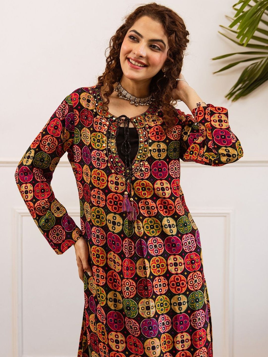 Women Printed Regular Beads and Stones Work Kurta with Palazzos