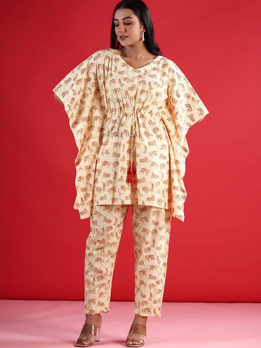 Dhiyona IE Printed V-Neck Pure Cotton Tunic & Trousers Co-Ords