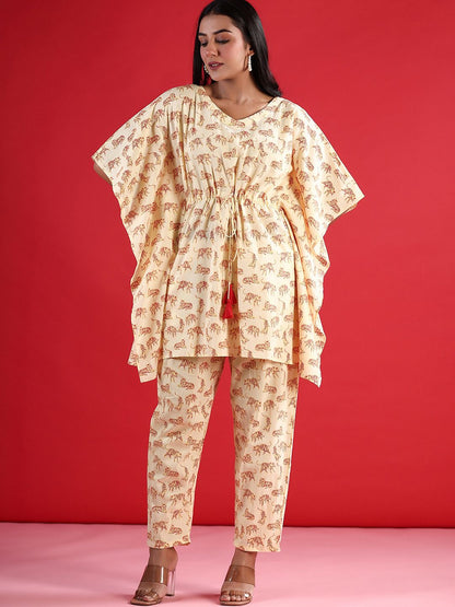 Dhiyona IE Printed V-Neck Pure Cotton Tunic & Trousers Co-Ords