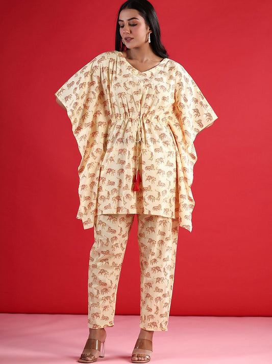 Dhiyona IE Printed V-Neck Pure Cotton Tunic & Trousers Co-Ords
