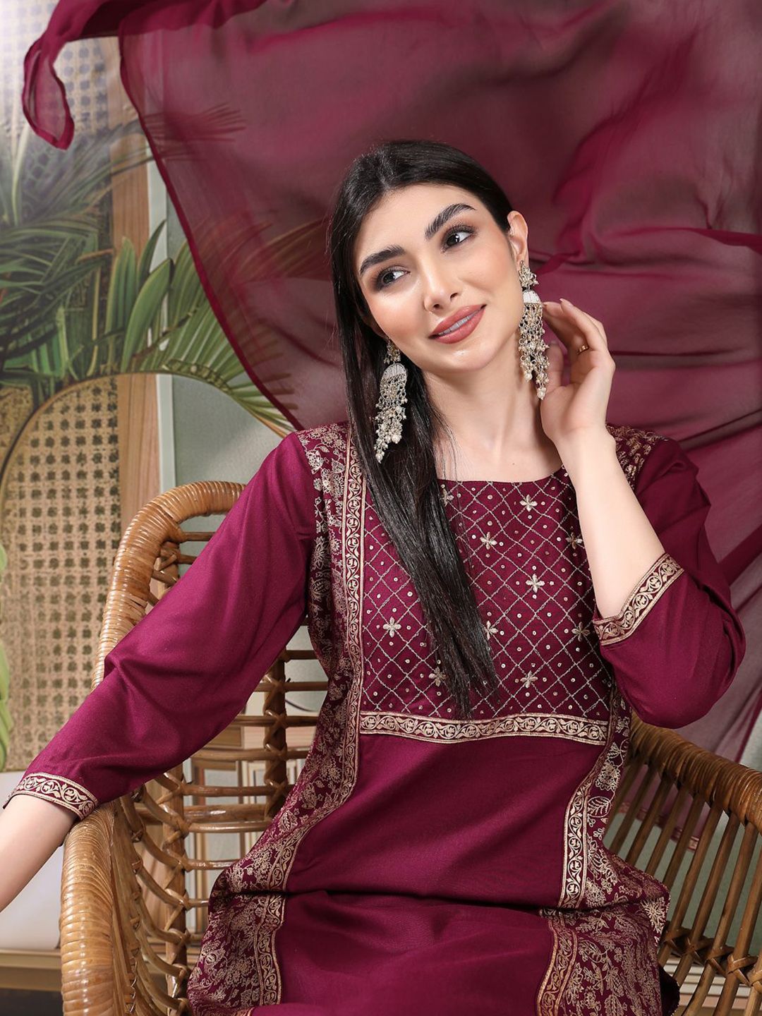 Dhiyona SN Women's Embroidered Straight Kurta With Palazzos & Dupatta