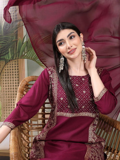 Dhiyona SN Women's Embroidered Straight Kurta With Palazzos & Dupatta