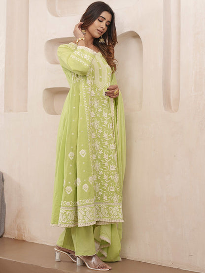Dhiyona PD Women Floral Embroidered Pure Cotton Kurta & Trousers With Dupatta