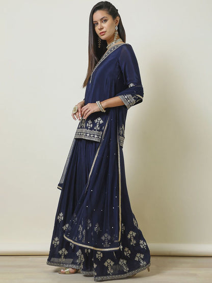 Dhiyona SO Women's Ethnic Motifs Embroidered Regular Sequinned Straight Kurti with Sharara & Dupatta