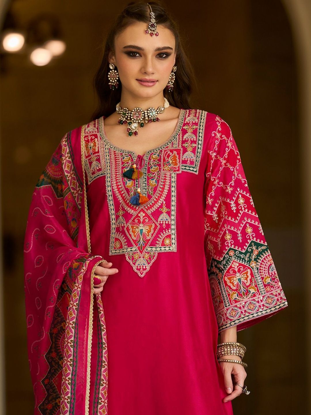 Women Ethnic Motifs Embroidered Regular Thread Work Kurta & Trousers With Dupatta