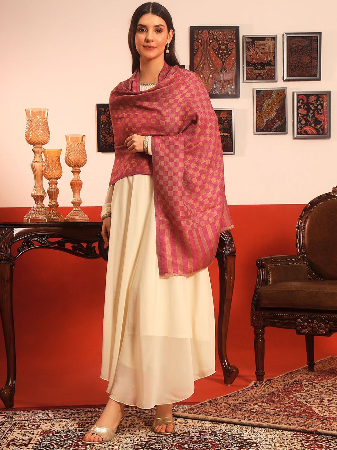 Dhiyona PA Reversible Ruhzar Fine Wool Checked Woven Design Shawl