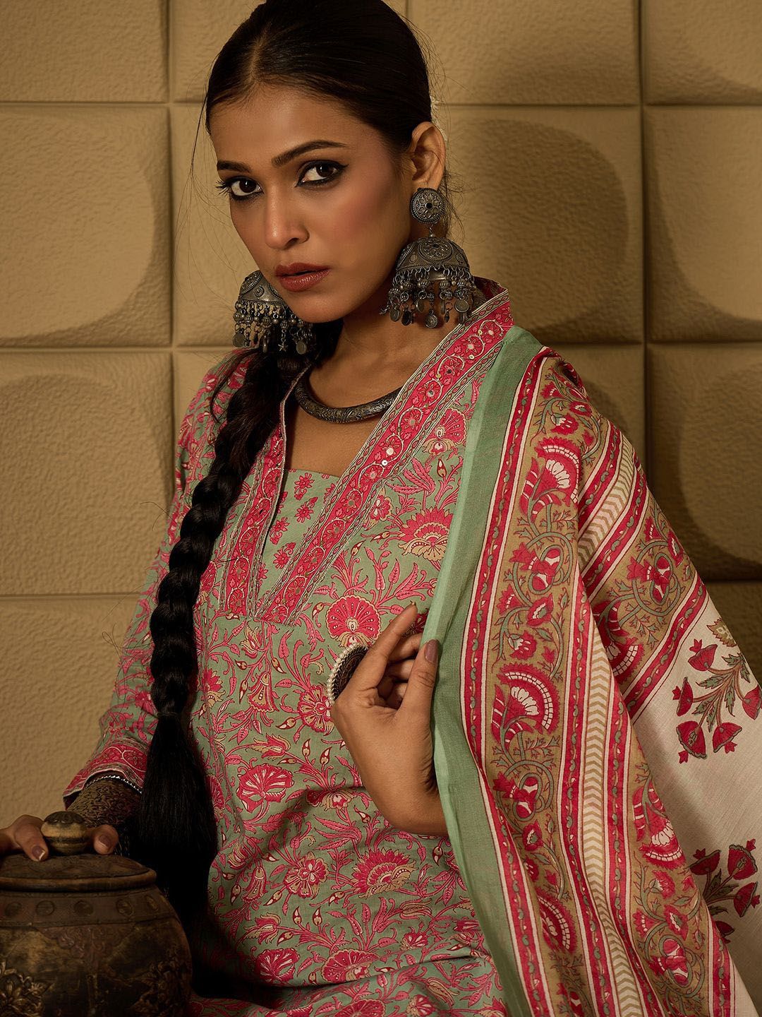 Dhiyona IE Floral Printed Pure Cotton Straight Kurta with Salwar & Dupatta