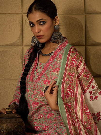Dhiyona IE Floral Printed Pure Cotton Straight Kurta with Salwar & Dupatta