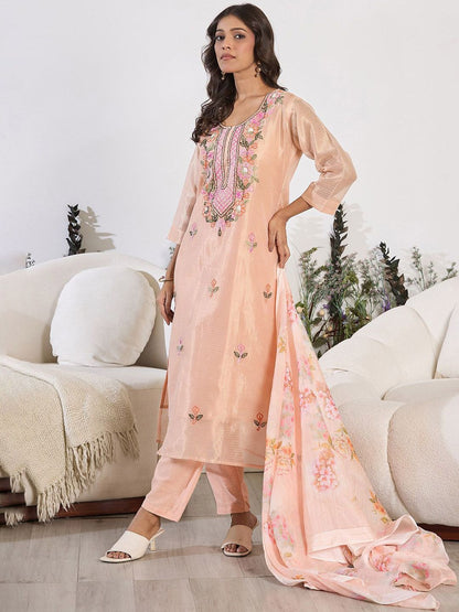 Floral Embroidered Thread Work Pure Cotton Kurta with Trouser & Dupatta