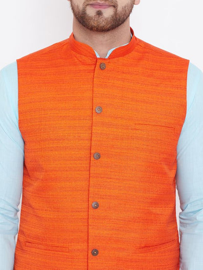 Men's Aqua Cotton Blend Straight Jacket  Kurta and Pyjama Set