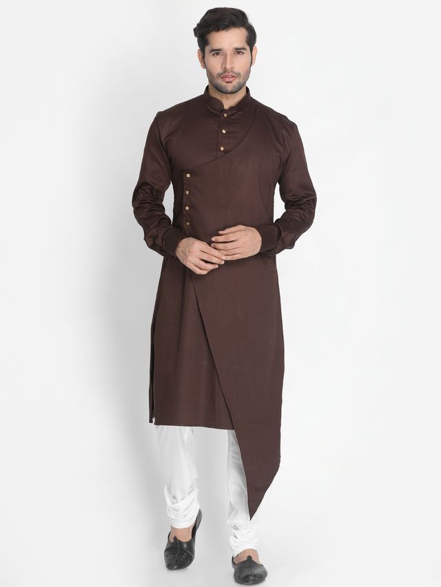 Men's Coffee Cotton Cotton Satin Asymmetric Kurta Pyjama Set