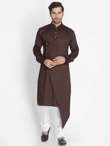 Men's Coffee Cotton Cotton Satin Asymmetric Kurta Pyjama Set