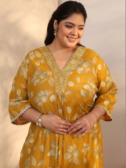 Dhiyona Women's Plus Size Floral Printed Pleated Kurta with Trousers & Dupatta