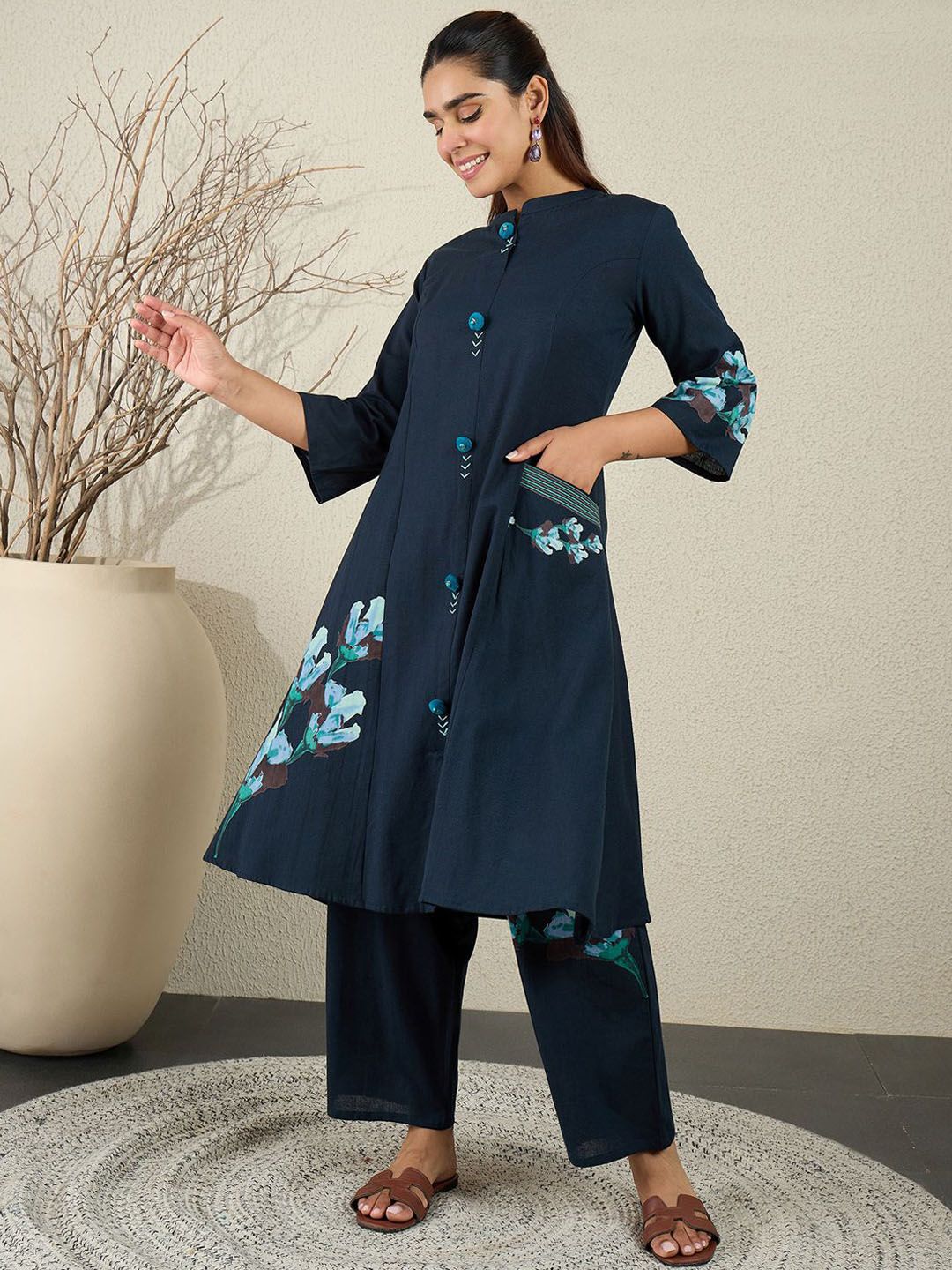 Dhiyona IE Printed Pure Cotton Straight Tunic With Trousers Co-Ords