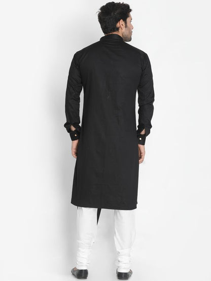Men's Black Cotton Cotton Satin Asymmetric Kurta Pyjama Set