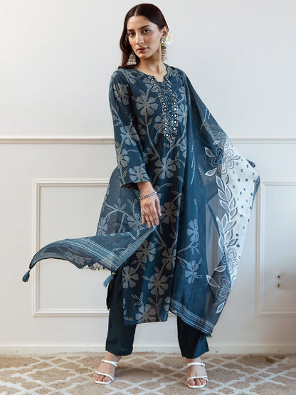Dhiyona SN Women's Floral Printed Notch Neck Mirror Work Modal Muslin Kurta & Trousers With Dupatta