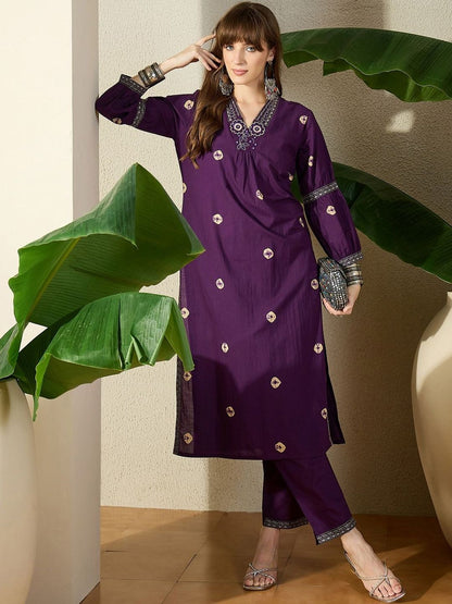 Women Ethnic Motifs Printed Regular Thread Work Pure Cotton Kurta with Trousers
