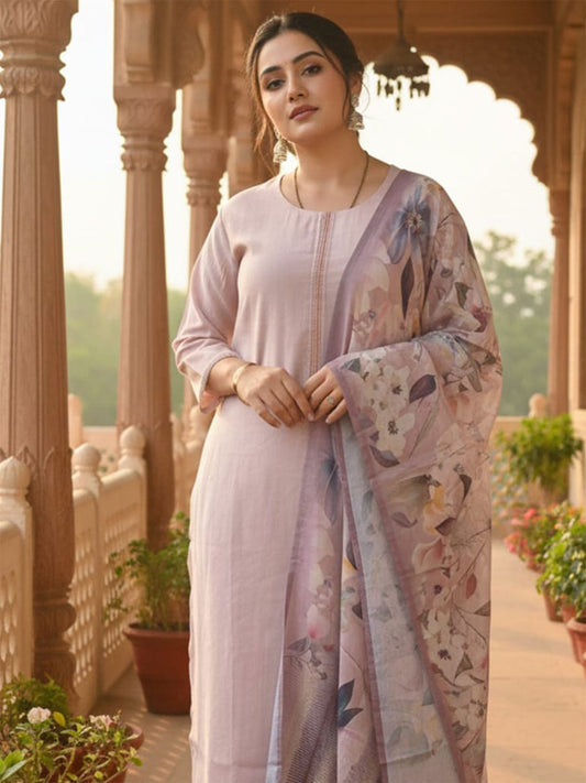 Dhiyona IE Women's Women Thread Work Straight Kurta with Trouser & Printed Dupatta