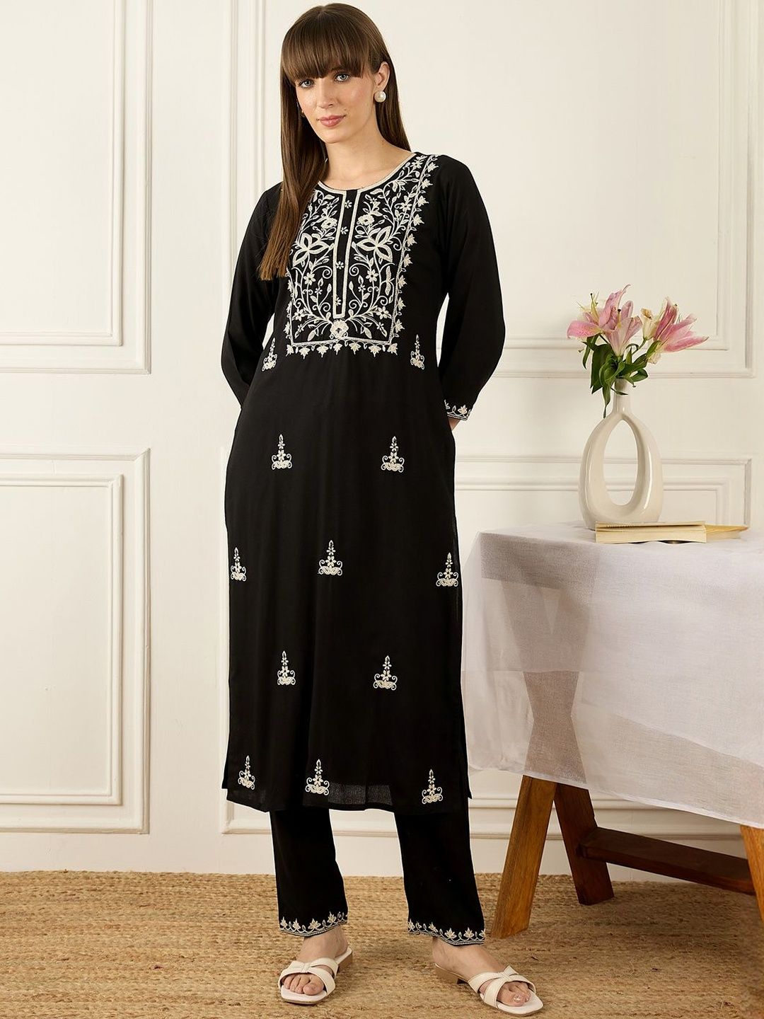 Floral Yoke Design Thread Work Pure Cotton Kurta With Palazzos