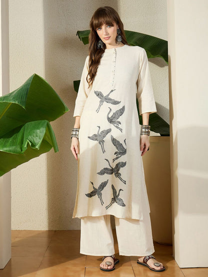 Women Birds Embroidered Thread Work Kurta With Palazzo Pant