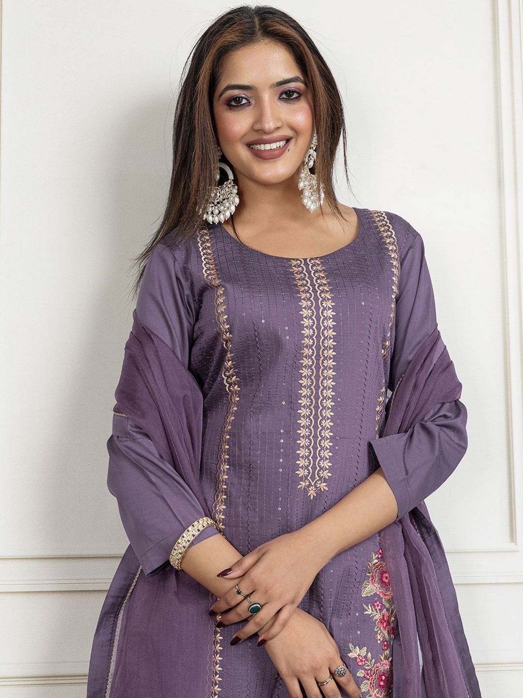 Dhiyona PD Women Floral Embroidered Round Neck Sequinned Kurta With Trouser & Dupatta