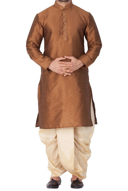 Men's Brown Silk Blend Straight Kurta and Dhoti Set