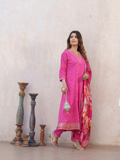 Dhiyona PD Women Bandhani Printed V-Neck Panelled Anarkali Kurta With Trouser & Dupatta