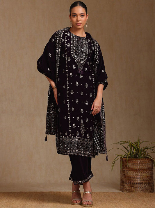 Dhiyona SO Women's Ethnic Motifs Printed Round Neck Straight Velvet Kurta With Trousers & Dupatta