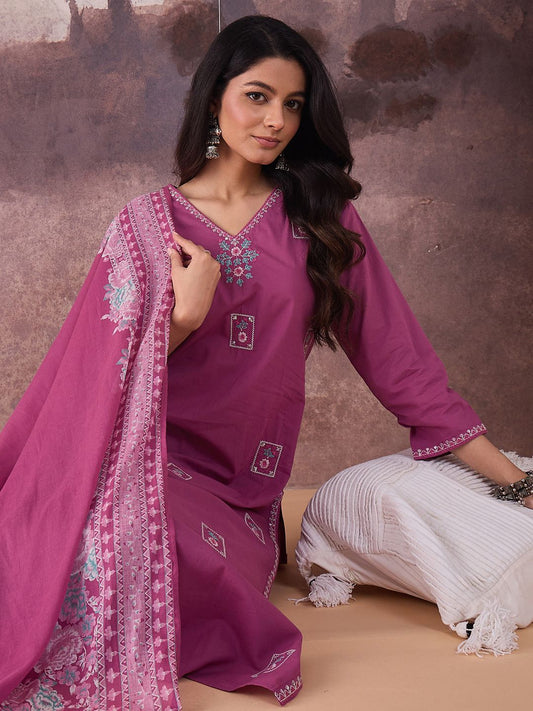 Ethnic Motifs Embroidered V-Neck Thread Work Cotton Kurta With Trousers & Dupatta