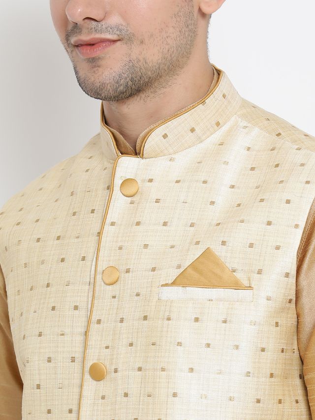 Men's Rose Gold Silk Blend Straight Jacket  Kurta and Dhoti Set