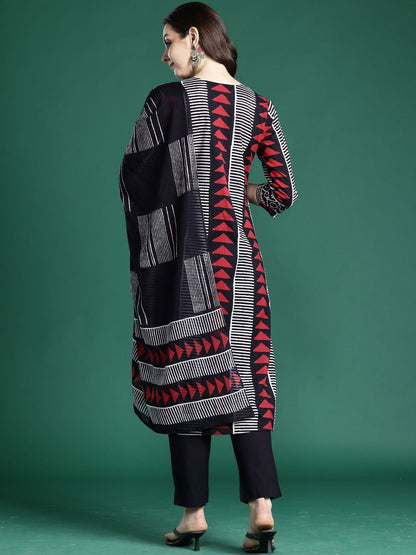 Geometric Printed Straight Pure Cotton Kurta With Trouser And Dupatta