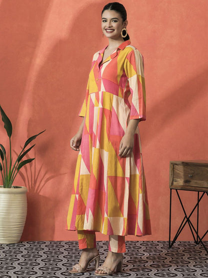 Dhiyona SN Women's Colourblocked Shirt Collar A-Line Pure Cotton Kurta With Trousers