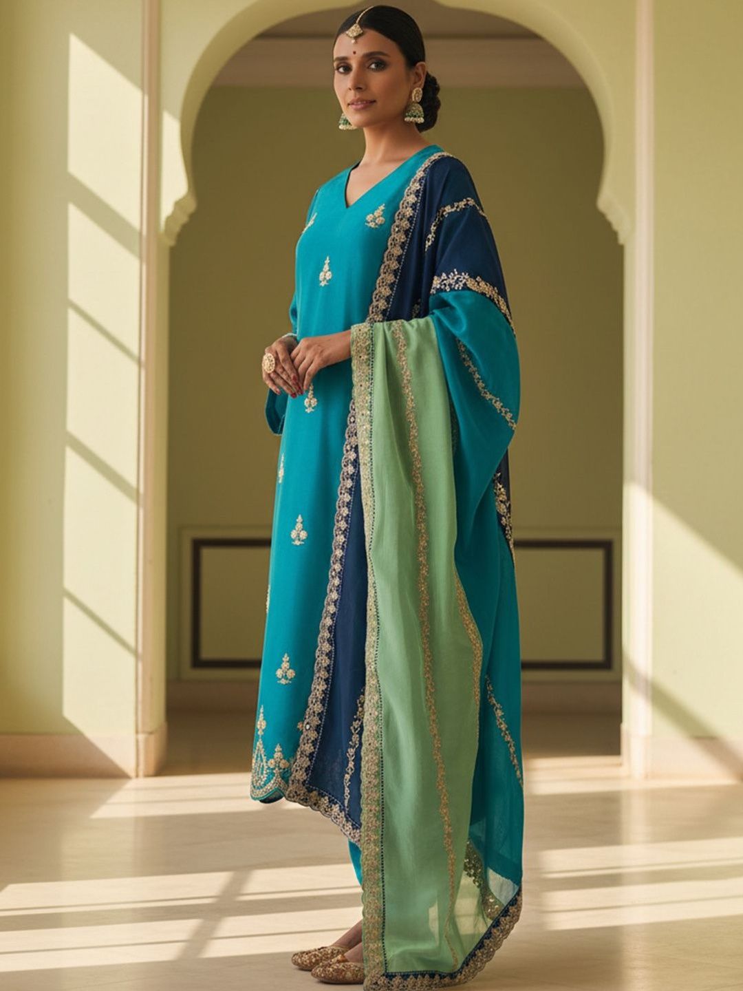 Floral Embroidered V-Neck Thread Work Straight Kurta With Churidar & Dupatta