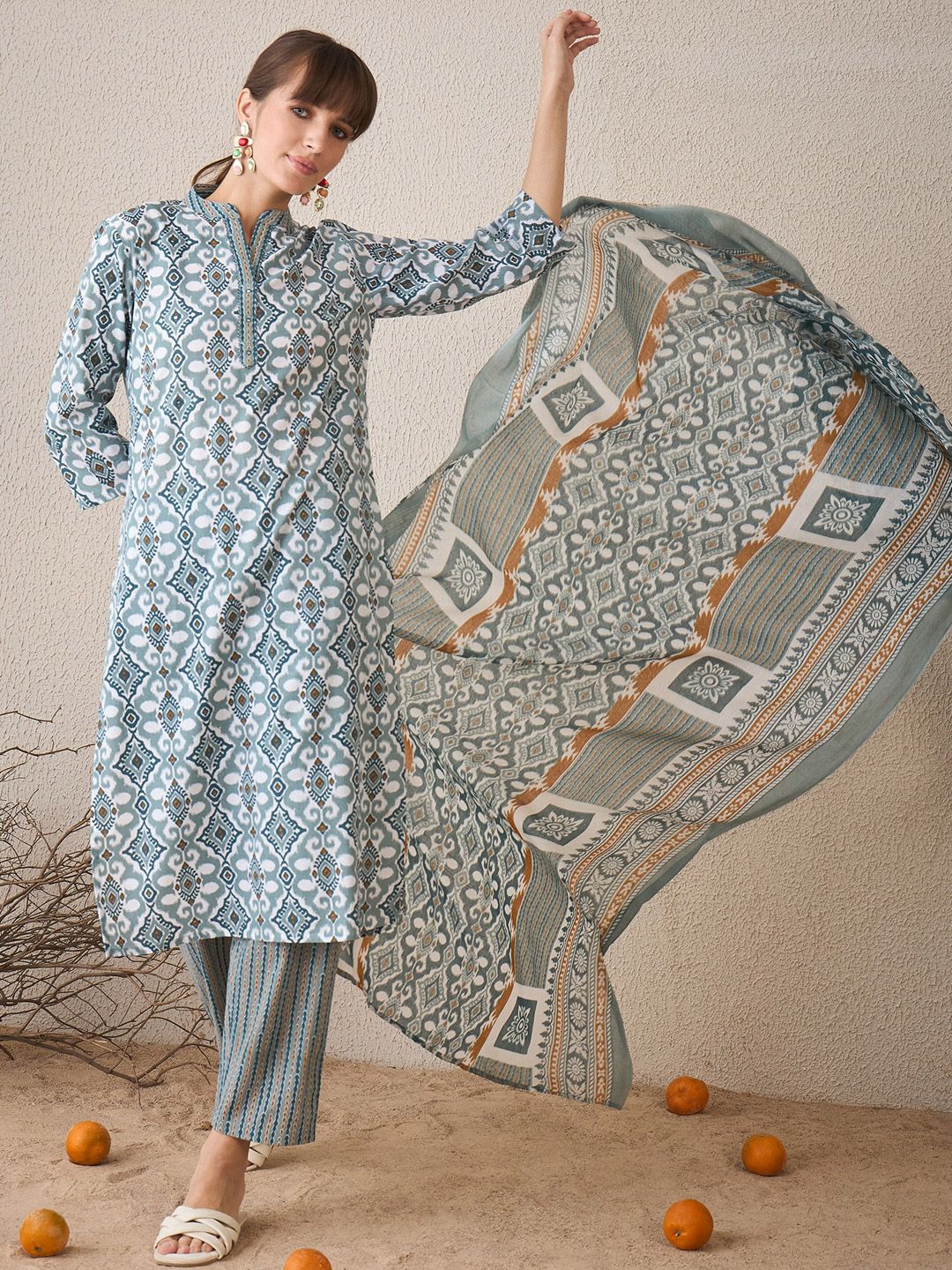 Dhiyona IE Abstract Printed Pure Cotton Straight Kurta With Trousers & Dupatta