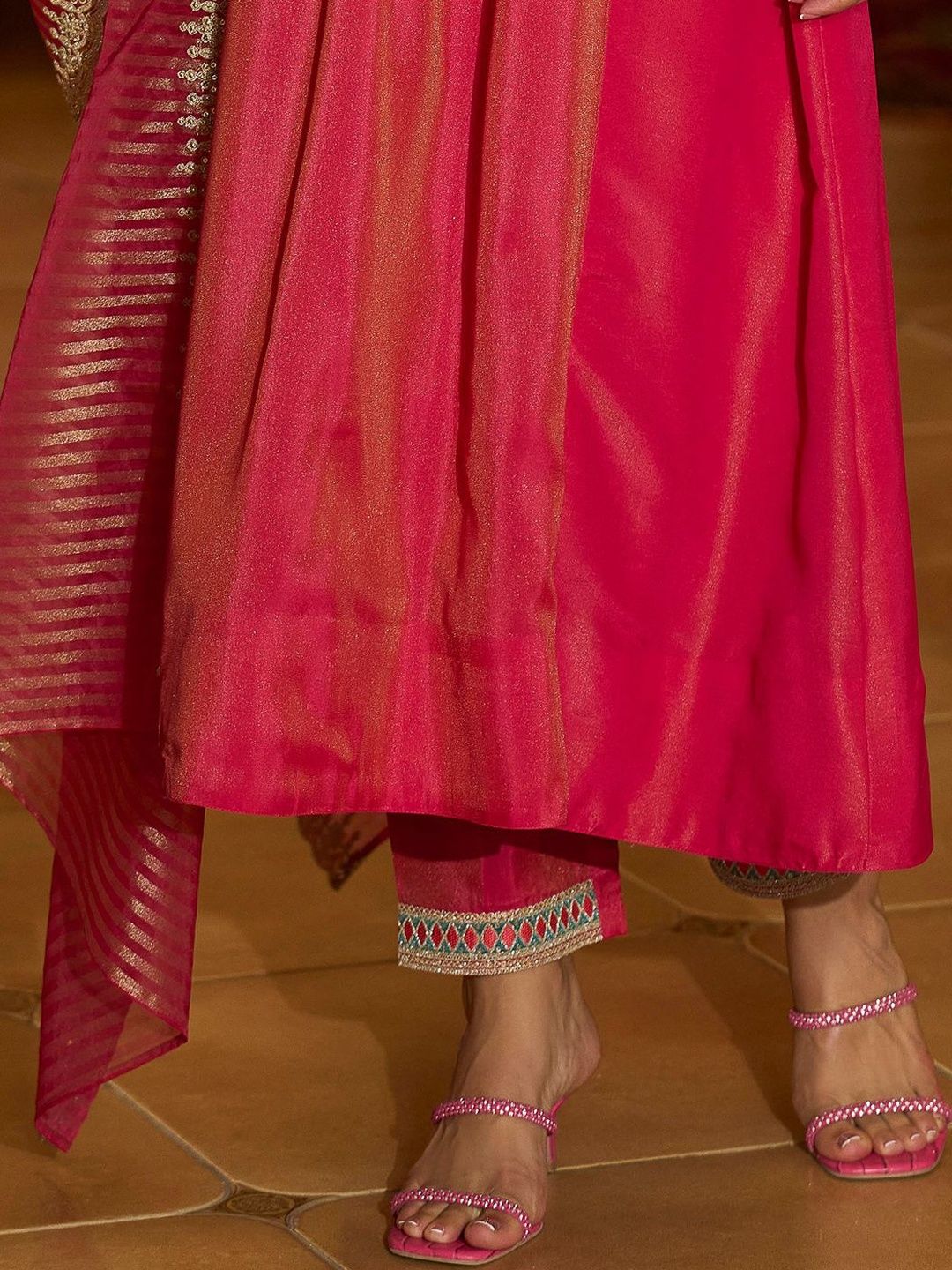 Floral Embroidered V-Neck A-Line Kurta With Trousers & Dupatta