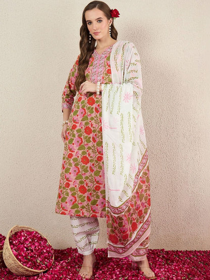 Women Floral Printed Regular Thread Work Pure Cotton Kurta with Patiala & With Dupatta