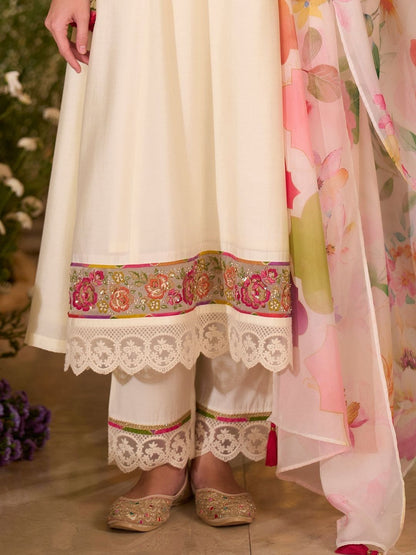 Floral Embroidered A-Line Tie-Up Neck Thread Work Kurta With Trousers & Dupatta